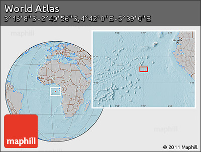 Gray Location Map of the Area around 2° 58' 32" S, 5° 10' 30" E, hill shading