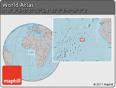 Gray Location Map of the Area around 2° 58' 32" S, 5° 10' 30" E, hill shading