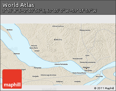 Shaded Relief 3D Map of the Area around 2° 58' 32" S, 60° 16' 29" W