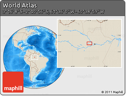 Shaded Relief Location Map of the Area around 2° 58' 32" S, 61° 7' 30" W