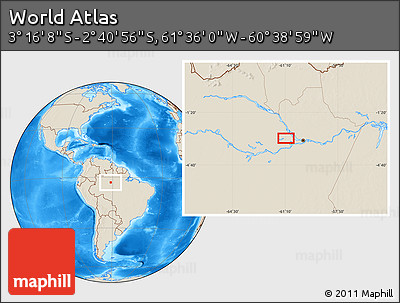 Shaded Relief Location Map of the Area around 2° 58' 32" S, 61° 7' 30" W