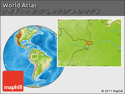 Physical Location Map of the Area around 2° 58' 32" S, 69° 37' 30" W