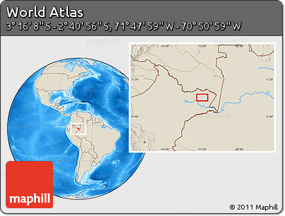 Shaded Relief Location Map of the Area around 2° 58' 32" S, 71° 19' 29" W