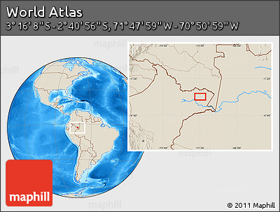 Shaded Relief Location Map of the Area around 2° 58' 32" S, 71° 19' 29" W