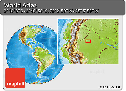 Physical Location Map of the Area around 2° 58' 32" S, 75° 34' 29" W