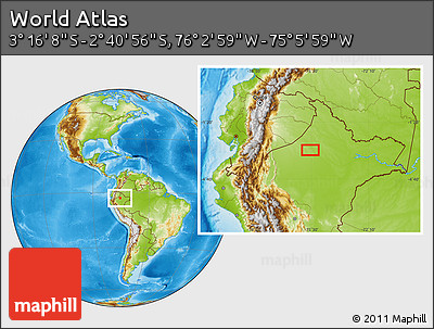Physical Location Map of the Area around 2° 58' 32" S, 75° 34' 29" W