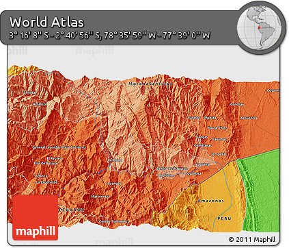 Political 3D Map of the Area around 2° 58' 32" S, 78° 7' 30" W
