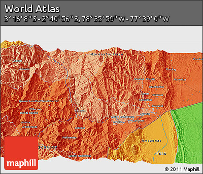 Political 3D Map of the Area around 2° 58' 32" S, 78° 7' 30" W