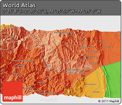 Political 3D Map of the Area around 2° 58' 32" S, 78° 7' 30" W