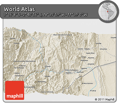 Shaded Relief 3D Map of the Area around 2° 58' 32" S, 78° 7' 30" W
