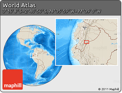 Shaded Relief Location Map of the Area around 2° 58' 32" S, 78° 7' 30" W
