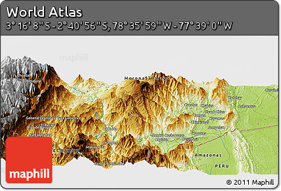 Physical Panoramic Map of the Area around 2° 58' 32" S, 78° 7' 30" W