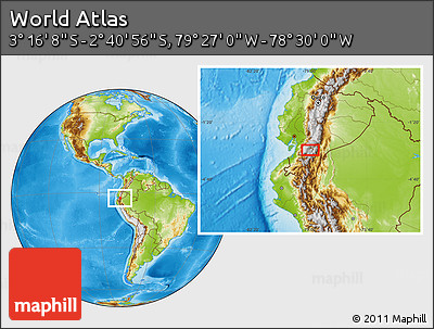 Physical Location Map of the Area around 2° 58' 32" S, 78° 58' 29" W