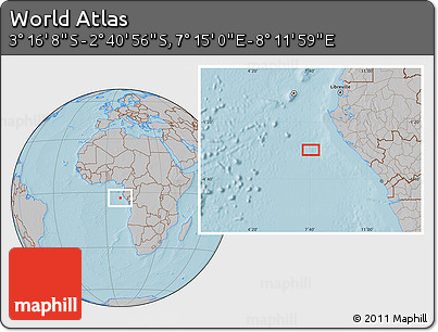 Gray Location Map of the Area around 2° 58' 32" S, 7° 43' 29" E, hill shading