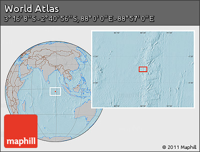 Gray Location Map of the Area around 2° 58' 32" S, 88° 28' 29" E, hill shading