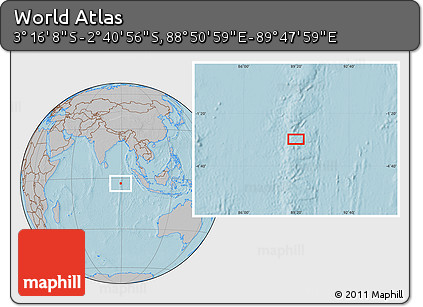 Gray Location Map of the Area around 2° 58' 32" S, 89° 19' 29" E, hill shading