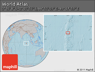 Gray Location Map of the Area around 2° 58' 32" S, 89° 19' 29" E, hill shading
