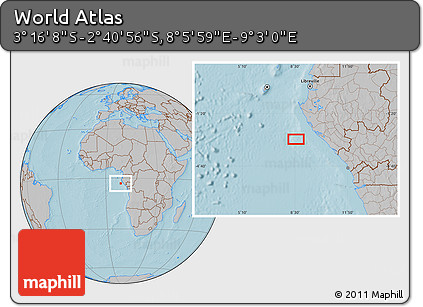 Gray Location Map of the Area around 2° 58' 32" S, 8° 34' 29" E, hill shading