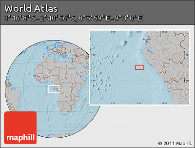 Gray Location Map of the Area around 2° 58' 32" S, 8° 34' 29" E, hill shading