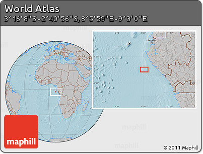Gray Location Map of the Area around 2° 58' 32" S, 8° 34' 29" E, hill shading
