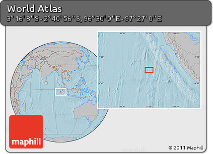 Gray Location Map of the Area around 2° 58' 32" S, 96° 58' 29" E, hill shading