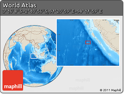 Shaded Relief Location Map of the Area around 2° 58' 32" S, 97° 49' 29" E