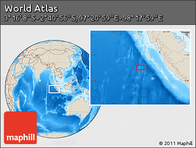 Shaded Relief Location Map of the Area around 2° 58' 32" S, 97° 49' 29" E