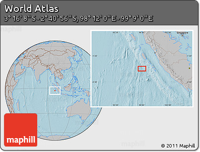 Gray Location Map of the Area around 2° 58' 32" S, 98° 40' 30" E, hill shading
