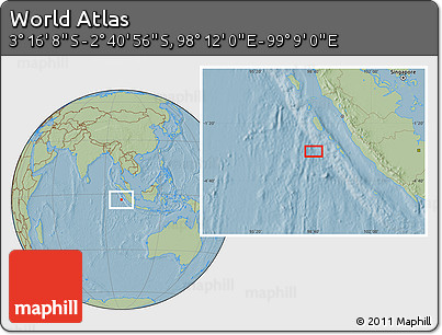 Savanna Style Location Map of the Area around 2° 58' 32" S, 98° 40' 30" E, hill shading