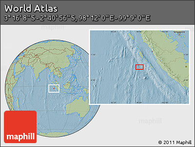 Savanna Style Location Map of the Area around 2° 58' 32" S, 98° 40' 30" E, hill shading