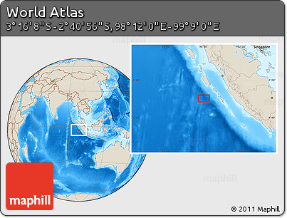 Shaded Relief Location Map of the Area around 2° 58' 32" S, 98° 40' 30" E