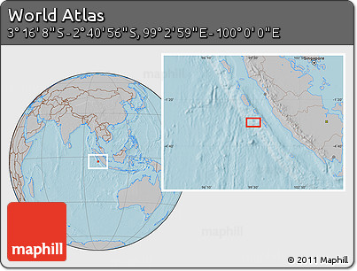 Gray Location Map of the Area around 2° 58' 32" S, 99° 31' 30" E, hill shading