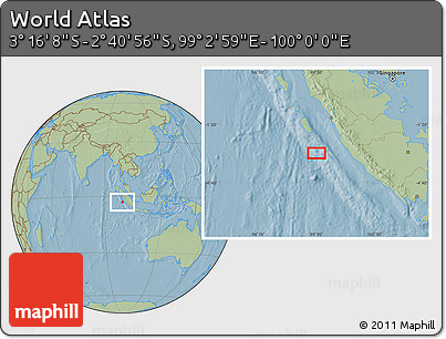 Savanna Style Location Map of the Area around 2° 58' 32" S, 99° 31' 30" E, hill shading