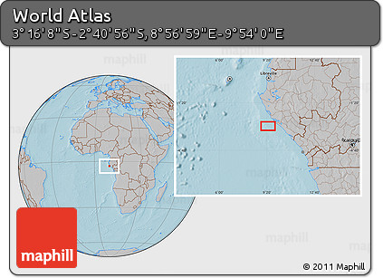 Gray Location Map of the Area around 2° 58' 32" S, 9° 25' 30" E, hill shading