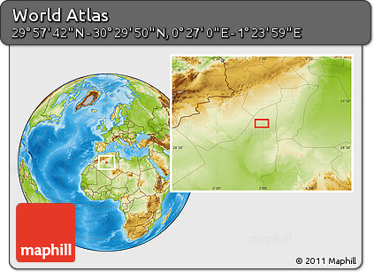 Physical Location Map of the Area around 30° 13' 46" N, 0° 55' 29" E