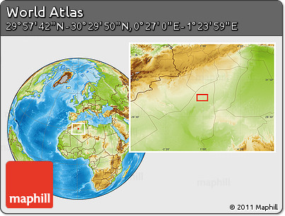Physical Location Map of the Area around 30° 13' 46" N, 0° 55' 29" E