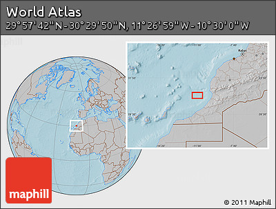 Gray Location Map of the Area around 30° 13' 46" N, 10° 58' 29" W, hill shading