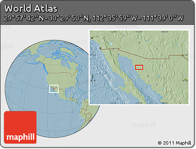 Savanna Style Location Map of the Area around 30° 13' 46" N, 112° 7' 30" W, hill shading