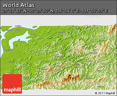 Physical 3D Map of the Area around 30° 13' 46" N, 117° 22' 30" E