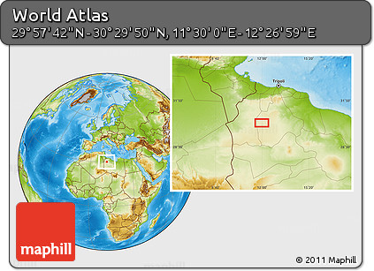 Physical Location Map of the Area around 30° 13' 46" N, 11° 58' 29" E