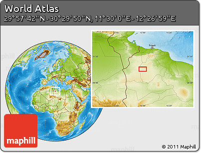 Physical Location Map of the Area around 30° 13' 46" N, 11° 58' 29" E