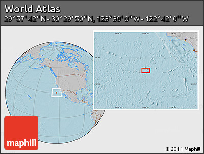 Gray Location Map of the Area around 30° 13' 46" N, 123° 10' 30" W, hill shading