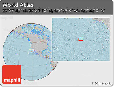 Gray Location Map of the Area around 30° 13' 46" N, 123° 10' 30" W, hill shading