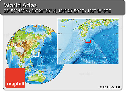 Physical Location Map of the Area around 30° 13' 46" N, 131° 49' 29" E