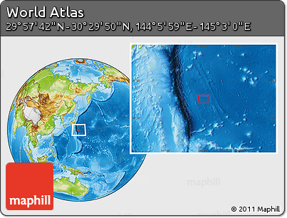 Physical Location Map of the Area around 30° 13' 46" N, 144° 34' 29" E