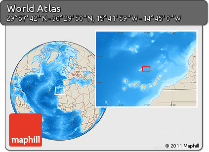 Shaded Relief Location Map of the Area around 30° 13' 46" N, 15° 13' 29" W