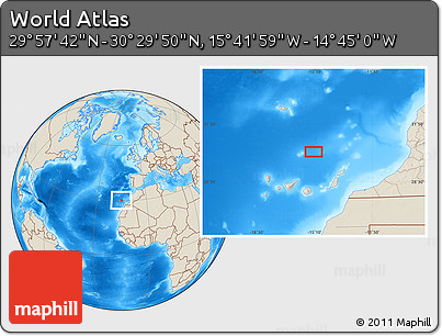 Shaded Relief Location Map of the Area around 30° 13' 46" N, 15° 13' 29" W