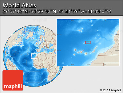 Shaded Relief Location Map of the Area around 30° 13' 46" N, 15° 13' 29" W