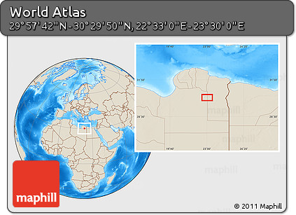 Shaded Relief Location Map of the Area around 30° 13' 46" N, 23° 1' 29" E
