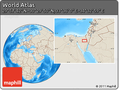 Shaded Relief Location Map of the Area around 30° 13' 46" N, 34° 4' 30" E